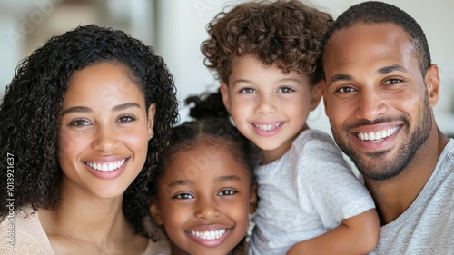 Cheerful family portrait of parents with two children captured indoors during sunny day