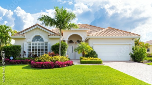 Beautiful Florida home with lush landscaping and bright flowers under a sunny sky during midday photo