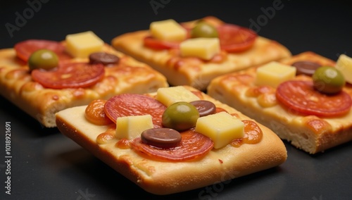 Assorted pizza square designs with various toppings for a delicious food-themed artwork photo