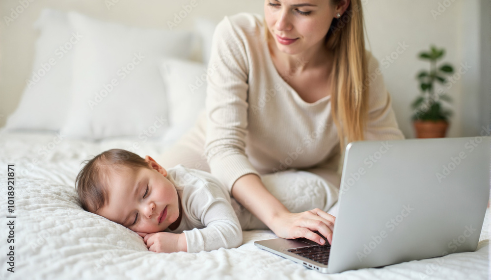 A woman is working from home on a laptop with a baby on the bed - Eine Frau arbeitet von zu Hause aus über das Internet neben einem schlafenden Baby. Konzept von Freelancing und Remote-Arbeit A woman is working from home on a laptop with a baby on the bed - Eine Frau arbeitet von zu Hause aus über das Internet neben einem schlafenden Baby. Konzept von Freelancing und Remote-Arbeit