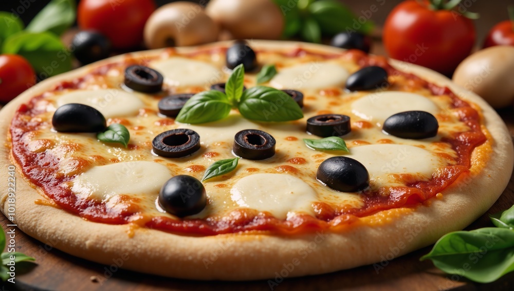 Illustration showcases a delicious pizza with olives mushrooms and veggies along with its recipe Illustration showcases a delicious pizza with olives mushrooms and veggies along with its recipe
