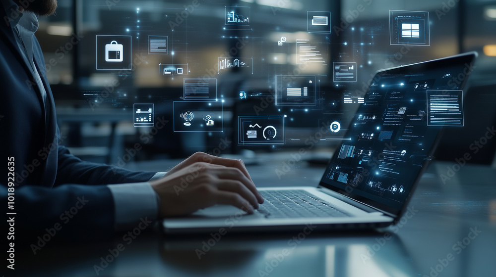 Mężczyzna siedzi przy biurku, intensywnie pracując na laptopie. Na jego ekranie widoczne są ikony reprezentujące różne funkcje zarządzania dokumentami. Mężczyzna siedzi przy biurku, intensywnie pracując na laptopie. Na jego ekranie widoczne są ikony reprezentujące różne funkcje zarządzania dokumentami.