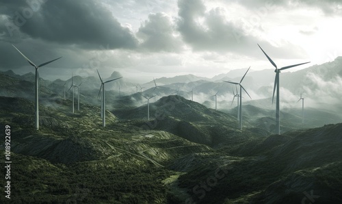 Numerous wind turbines are scattered across a mountainous terrain under a cloudy sky photo