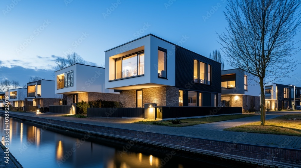 Modern residential houses along a serene canal at dusk in a contemporary neighborhood Modern residential houses along a serene canal at dusk in a contemporary neighborhood