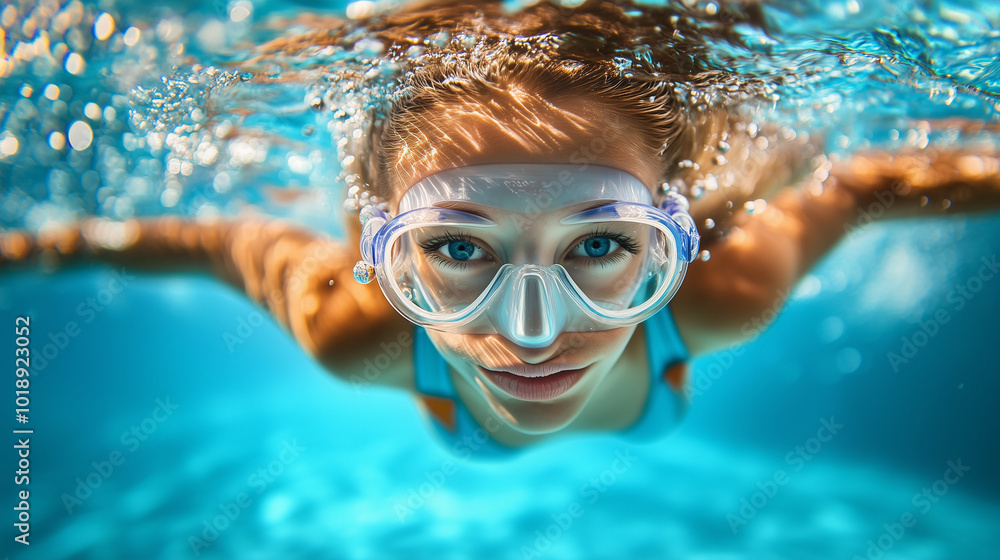 Fototapeta premium W niezwykłym podwodnym ujęciu widzimy kobietę w kostiumie kąpielowym, która z gracją pływa w basenie. 