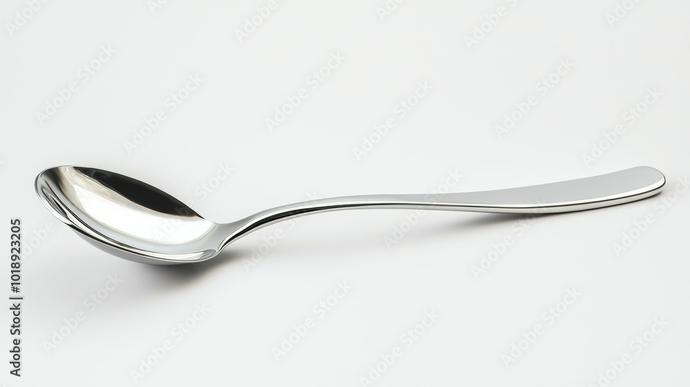 A shiny stainless steel spoon rests on a plain white background, showcasing its sleek design and smooth surface A shiny stainless steel spoon rests on a plain white background, showcasing its sleek design and smooth surface