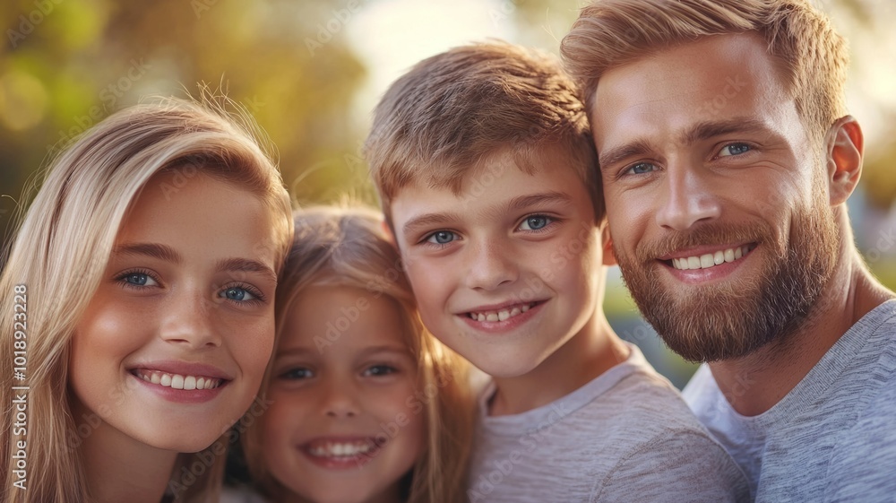 A joyful family smiling together in a sunny park during a vibrant afternoon gathering in summer A joyful family smiling together in a sunny park during a vibrant afternoon gathering in summer
