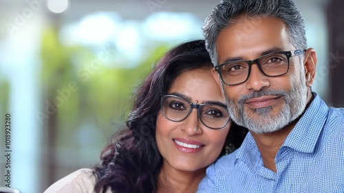 A smiling couple poses together at home during a sunny day, showcasing their affection and connection