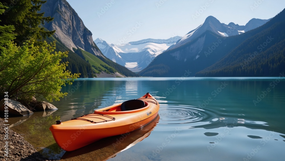 Vivid orange kayak rests at serene lakeside amidst verdant foliage and towering snowy mountains Vivid orange kayak rests at serene lakeside amidst verdant foliage and towering snowy mountains