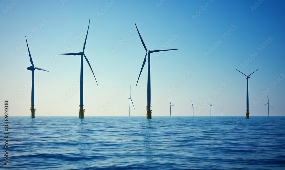 Offshore wind turbines standing tall in a blue sea against a clear sky Offshore wind turbines standing tall in a blue sea against a clear sky