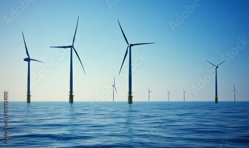 Offshore wind turbines standing tall in a blue sea against a clear sky