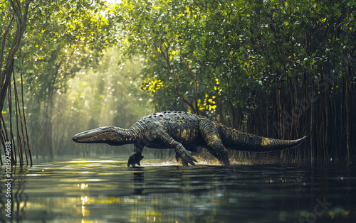 A primordial Ambulocetus emerges from the still, reflective waters of the lush, forested waterway, its ancient, powerful form commanding awe and respect photo