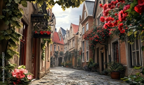 Old town, cobblestone streets, historic buildings, flowers