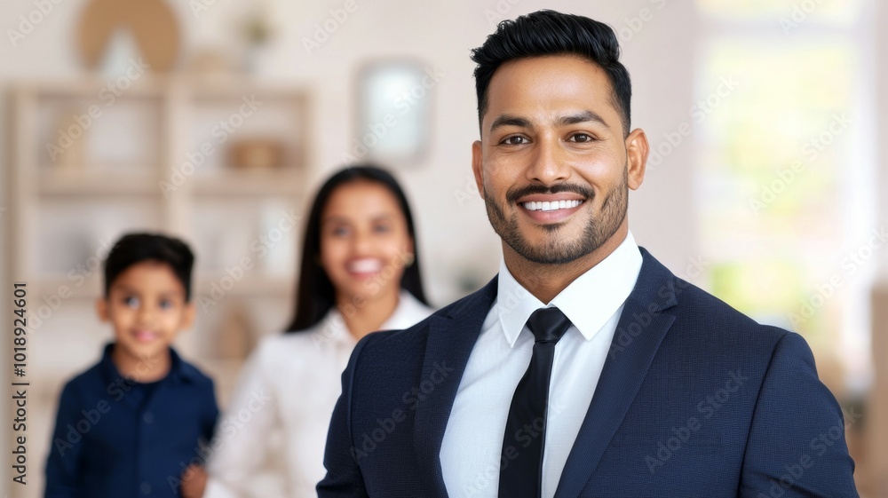 A confident man smiles in a professional setting, with family members standing happily together in the background A confident man smiles in a professional setting, with family members standing happily together in the background