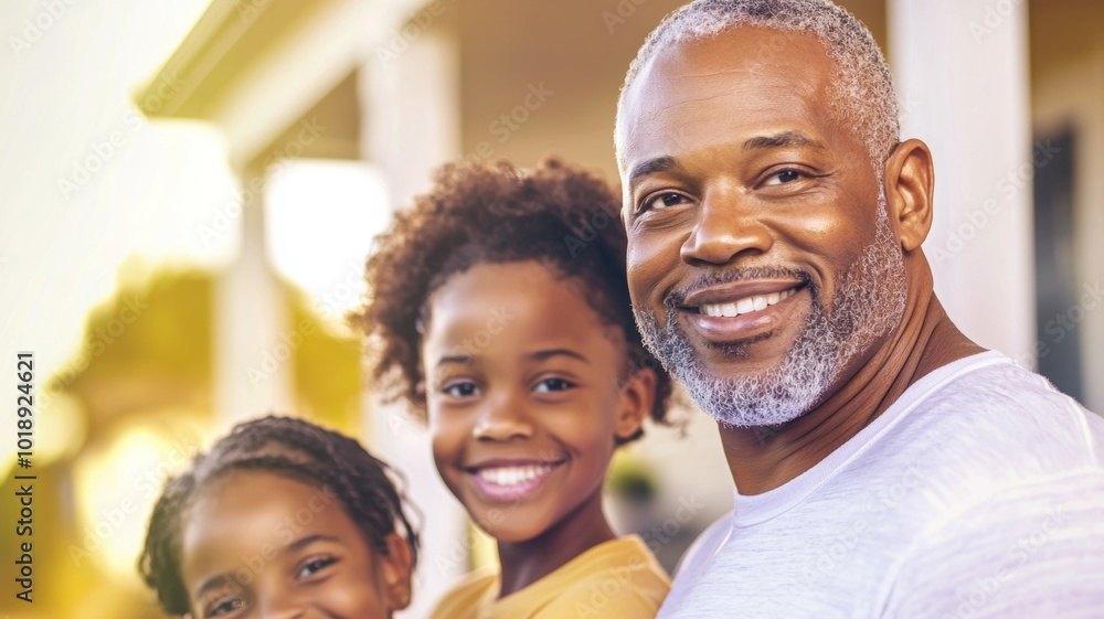 A joyful grandfather enjoying a sunny day with his grandchildren outdoors in a cozy neighborhood setting A joyful grandfather enjoying a sunny day with his grandchildren outdoors in a cozy neighborhood setting