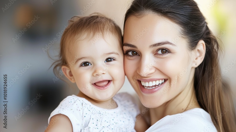 A joyful mother and her smiling baby share a tender moment at home in bright natural light A joyful mother and her smiling baby share a tender moment at home in bright natural light