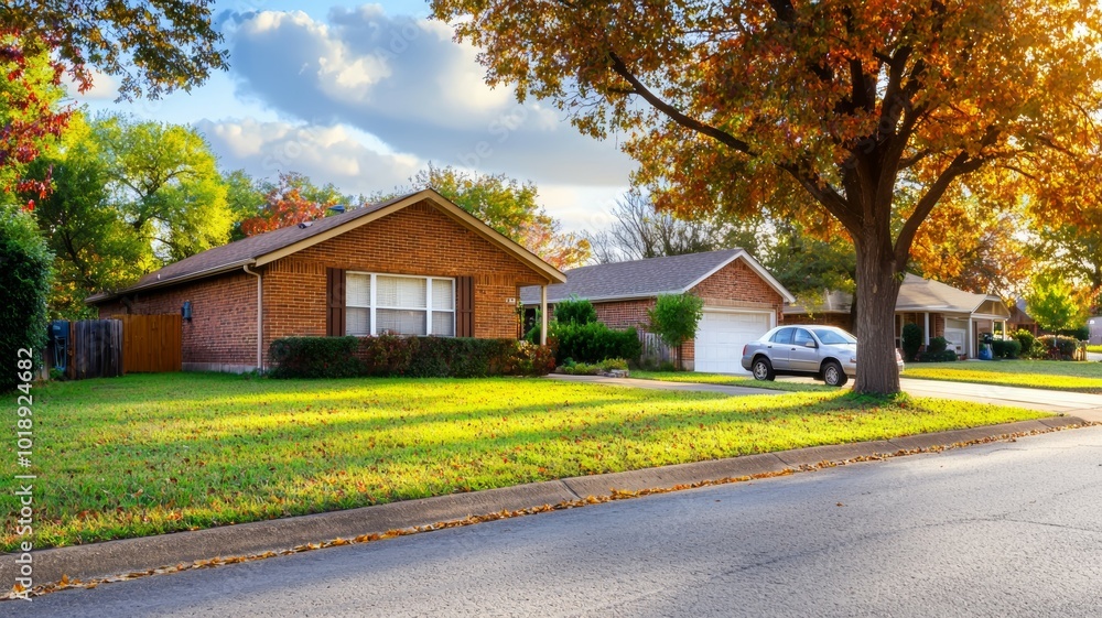 A suburban neighborhood showcasing autumn foliage and cozy homes on a bright afternoon A suburban neighborhood showcasing autumn foliage and cozy homes on a bright afternoon