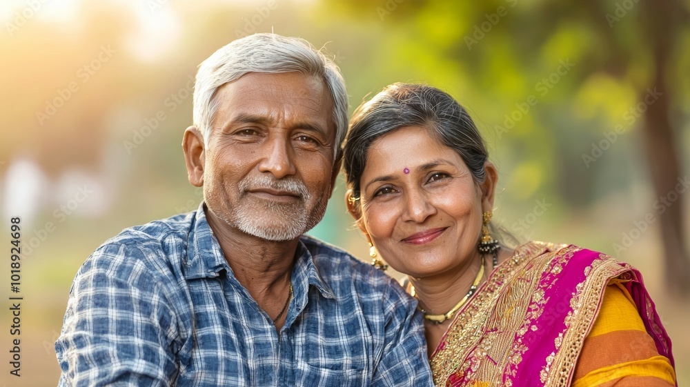 Elderly couple smiling happily together in a sunlit park wearing traditional attire during a warm afternoon Elderly couple smiling happily together in a sunlit park wearing traditional attire during a warm afternoon