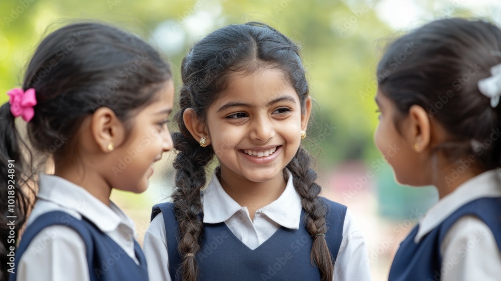 Three young girls in school uniforms engaged in a cheerful conversation outdoors during daylight hours Three young girls in school uniforms engaged in a cheerful conversation outdoors during daylight hours