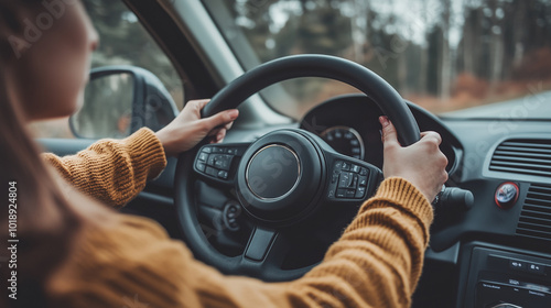 Kierowca pewnie trzyma ręce na kierownicy, koncentrując się na drodze przed sobą. Przez przednią szybę widać rozciągający się autostradowy krajobraz.