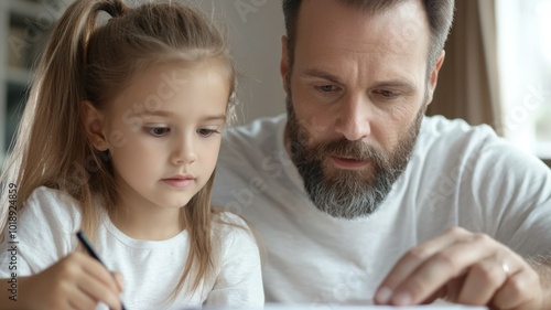 Father and daughter engage in creative drawing activity together at home during afternoon