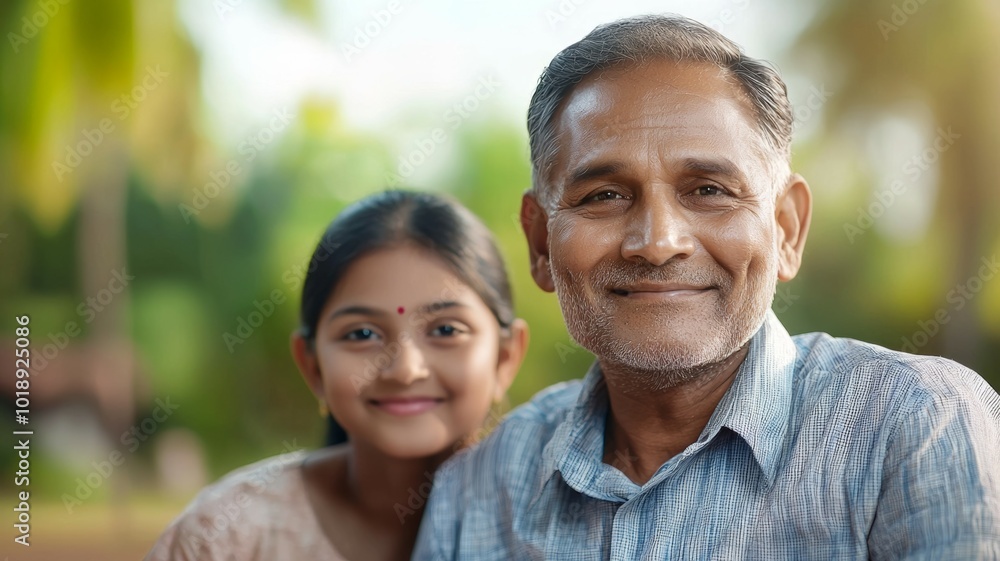 A joyful grandfather and granddaughter enjoying a sunny day together in a scenic outdoor setting A joyful grandfather and granddaughter enjoying a sunny day together in a scenic outdoor setting