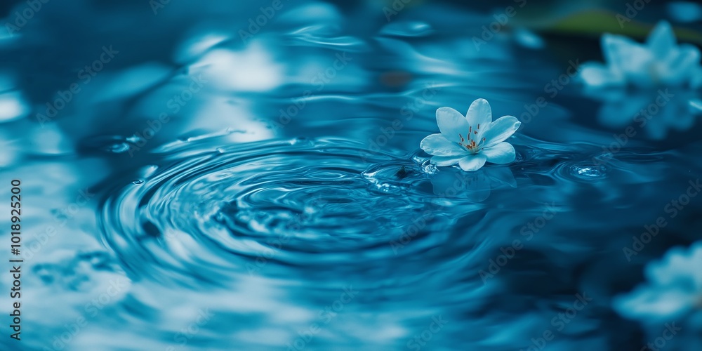 An elegant white flower gently floats amidst the ripples of clear bluish water reflecting tranquility. An elegant white flower gently floats amidst the ripples of clear bluish water reflecting tranquility.