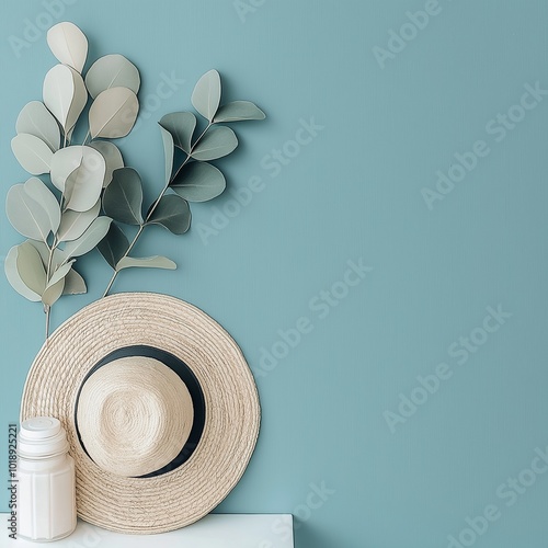 A beige straw hat and green leaves are stylishly placed on a blue background, suggesting leisure and summer vibes. photo