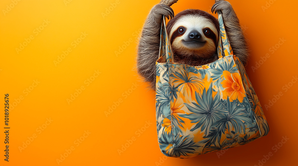 funny sloth hanging inside a bag with a yellow background during the shopping season with discounts and offers