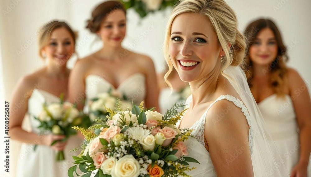Portrait of a young bride holding a bouquet, smiling sweetly in a white wedding dress with a soft, white-toned background and natural light. Portrait of a young bride holding a bouquet, smiling sweetly in a white wedding dress with a soft, white-toned background and natural light.