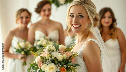 Portrait of a young bride holding a bouquet, smiling sweetly in a white wedding dress with a soft, white-toned background and natural light.