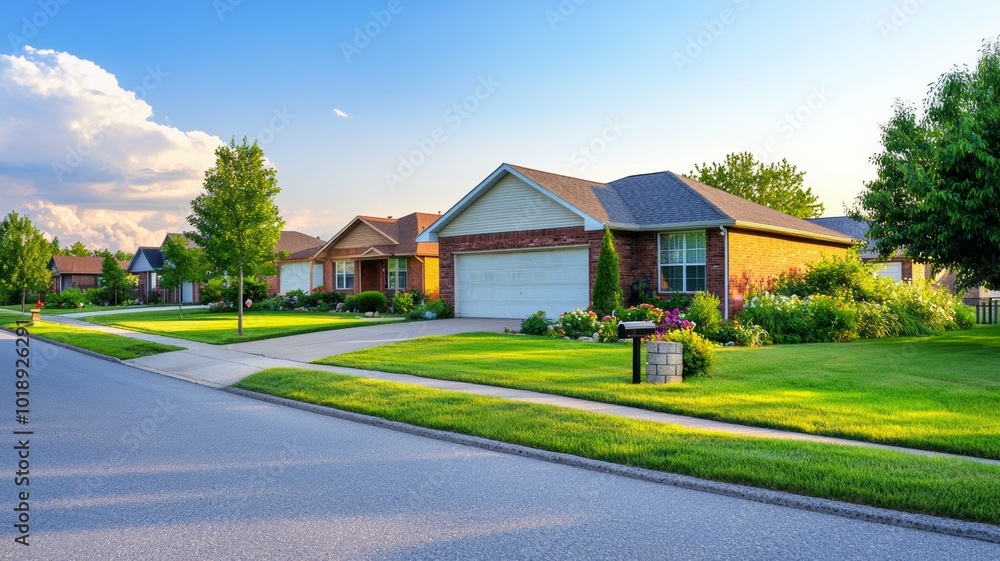 A sunny afternoon on a peaceful suburban street lined with well-kept homes and lush green lawns A sunny afternoon on a peaceful suburban street lined with well-kept homes and lush green lawns