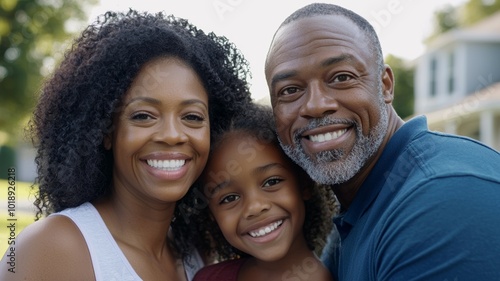 Happy family portrait in the park on a sunny day with smiles and joy