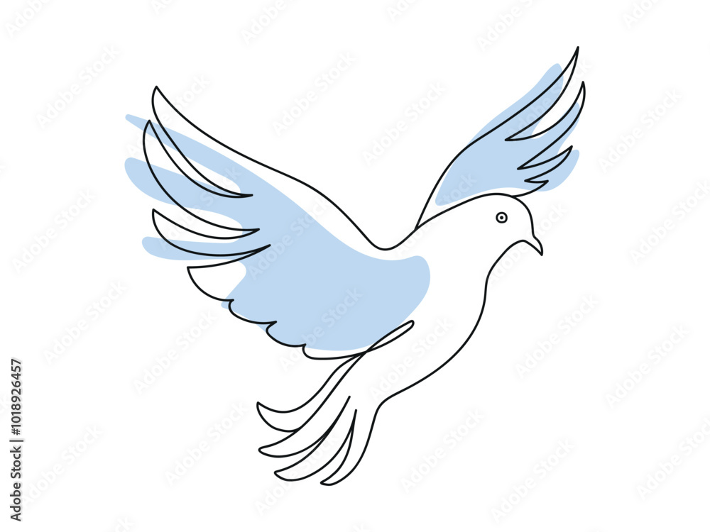 Fototapeta premium Minimalist Line art of dove in flight with Light Blue Accents. Continuous one line drawing. Flying pigeon. Concept of peace, freedom, hope. Isolated on white backdrop. Design element, Icon, Print