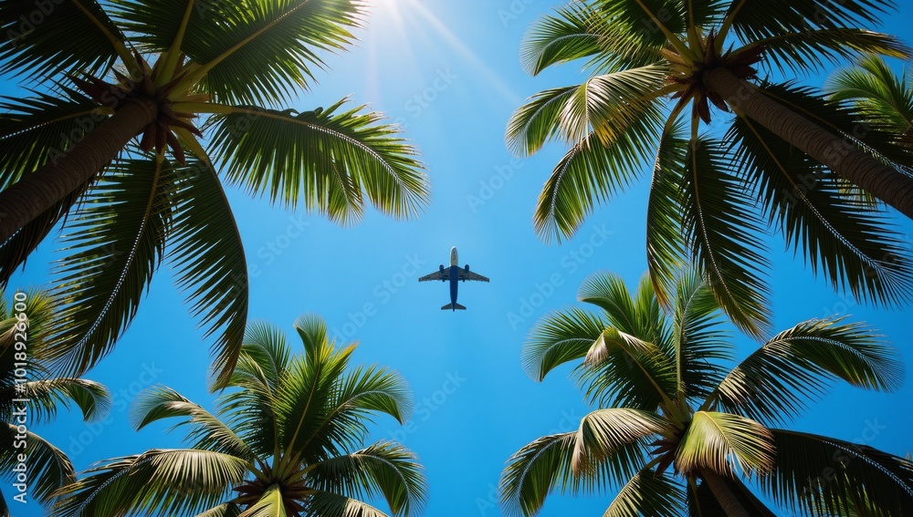 Plane soaring above palm tree-lined horizon during summer season Plane soaring above palm tree-lined horizon during summer season