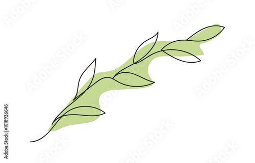 Minimalist Line Art of Green Plant Branch with Leaves isolated on white background. Continuous one line drawing of olive branch. Concept of peace, organic element, Nature, Botanical Design Element