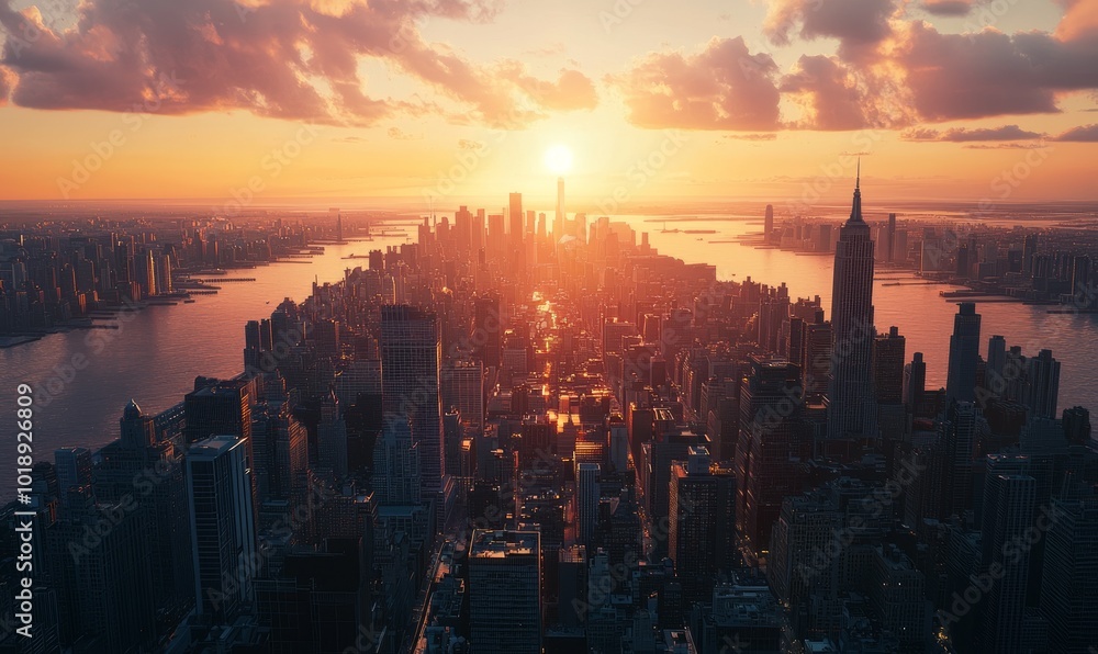 Fototapeta premium Rule of thirds in a cityscape with skyline at sunset