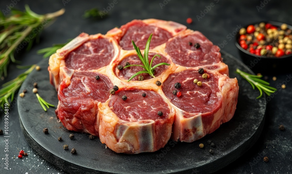 Raw steak meat Osso Buco. Meat for barbecue. Raw fresh veal shank, cut in a cross shape, seasonings, pepper, rosemary Raw steak meat Osso Buco. Meat for barbecue. Raw fresh veal shank, cut in a cross shape, seasonings, pepper, rosemary