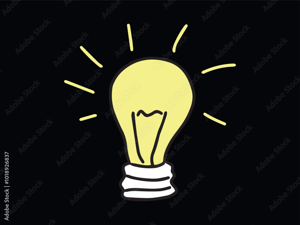 Yellow Shining Light Bulb Illustration on Black Background. Concept of creativity, innovation, bright ideas, minimalistic design. Artistic visual, graphic design element, inspiration symbol Yellow Shining Light Bulb Illustration on Black Background. Concept of creativity, innovation, bright ideas, minimalistic design. Artistic visual, graphic design element, inspiration symbol