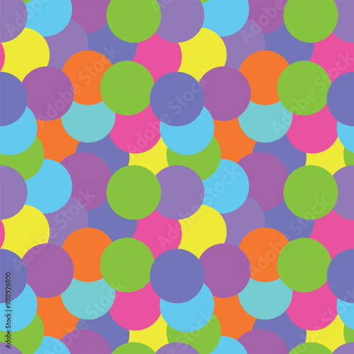 Vibrant Seamless Pattern of Bright Colorful Circles Creating Multicolored Abstract Background. Shiny sequins. Geometric backdrop, Vintage 80s-90s design, playful retro vibes, nostalgic disco style