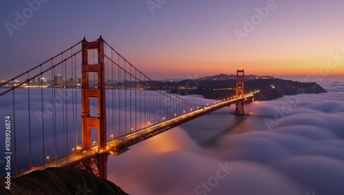 A vivid portrait showcases Golden Gate Bridges sunset silhouette amidst misty cityscape