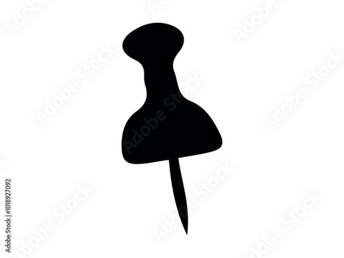 Black Silhouette of a Pushpin Isolated on White Background. Concept of Office Supplies, Minimalist Design, Stationery, Simple Icon, thumbtack. Print. Design element for school or office use