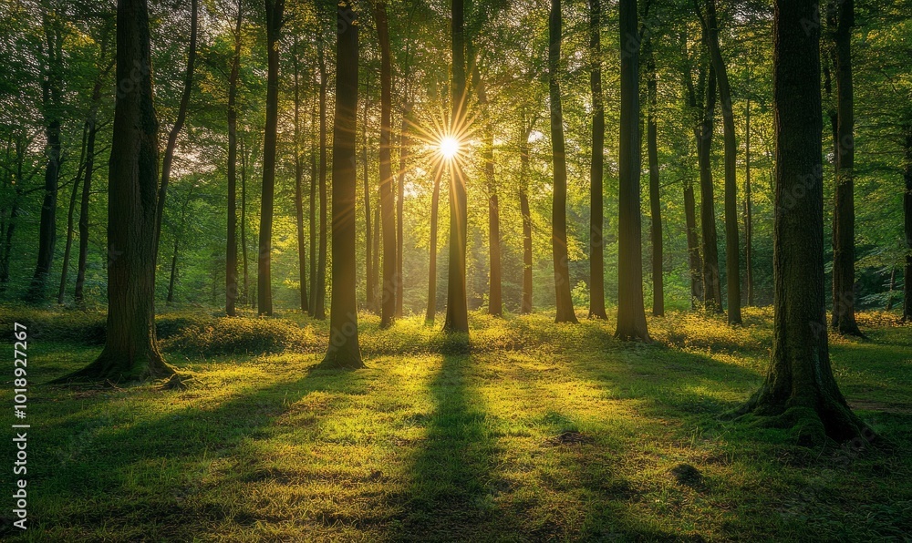 Fototapeta premium sun shining through the trees in the wildlife reserve