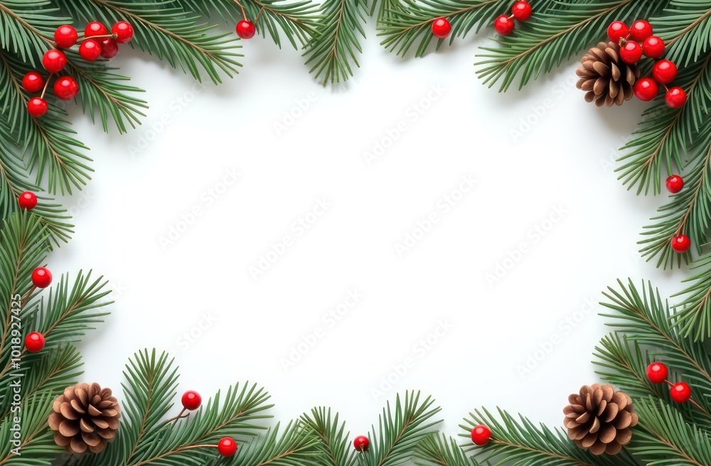 Christmas Border frame of tree branches red berries and pine cones Christmas Border frame of tree branches red berries and pine cones