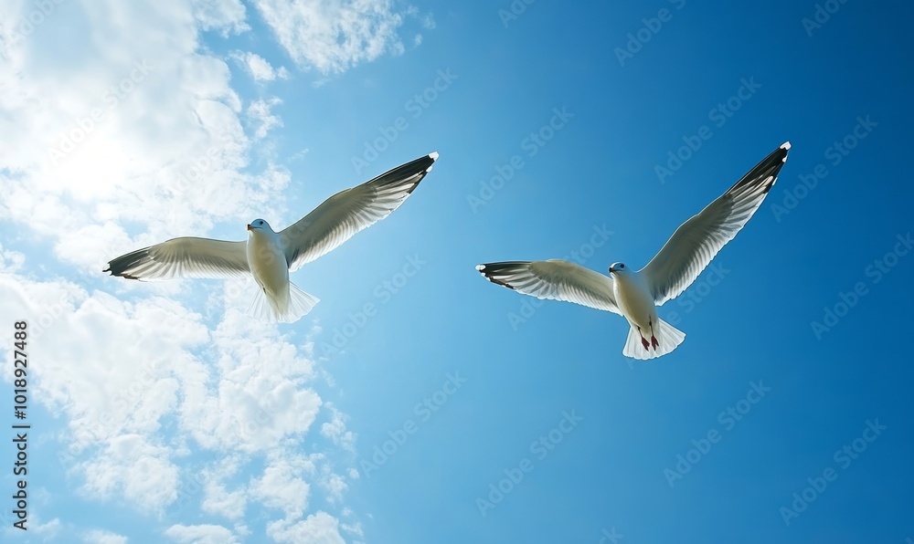 Fototapeta premium Pair of seagulls flying in the blue sky