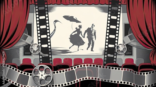 Vintage Film and Cinema-Themed Background with Red Curtains, Film Strips, Reels, and Cinema Seats in Old Hollywood and Comic Book Style – Perfect for Retro Movie Designs