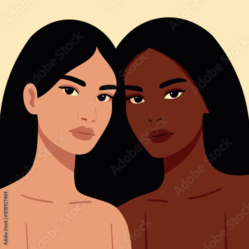 Two young women, one with dark skin and the other with light skin. Flat vector illustration