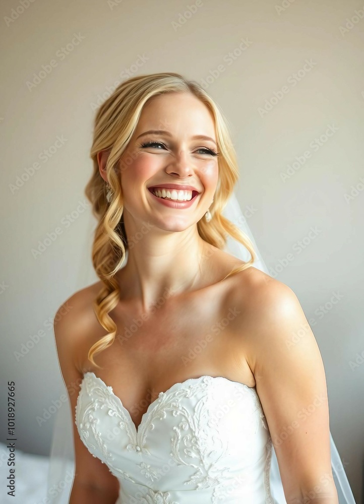 Portrait of a young bride holding a bouquet, smiling sweetly in a white wedding dress with a soft, white-toned background and natural light. Portrait of a young bride holding a bouquet, smiling sweetly in a white wedding dress with a soft, white-toned background and natural light.