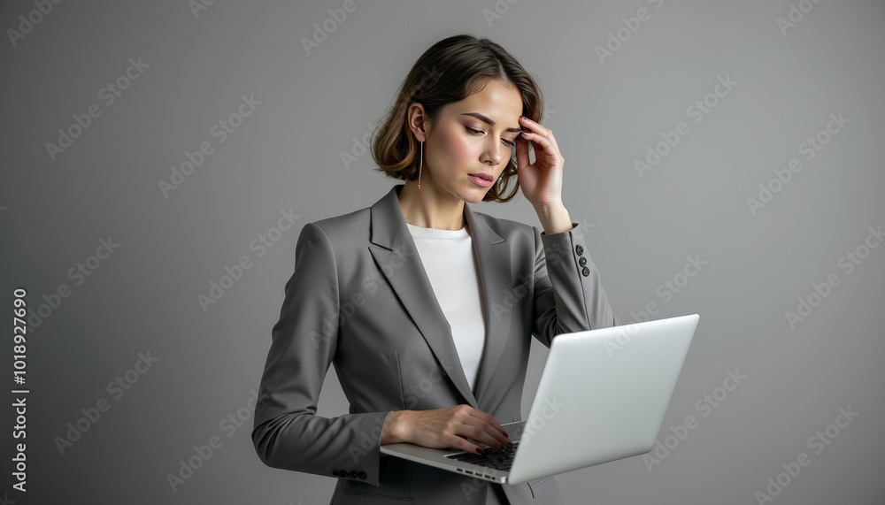 Stressed businesswoman with laptop expressing doubt Stressed businesswoman with laptop expressing doubt