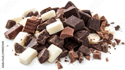 Assorted chocolate chunks on white background